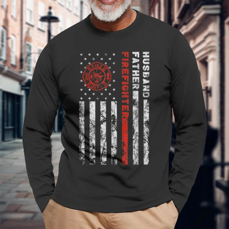 Firefighter Husband Father Fireman Fathers Day Long Sleeve T-Shirt Gifts for Old Men