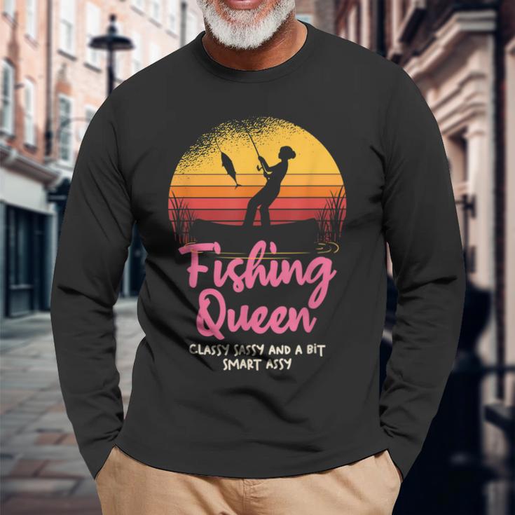 Fishing Queen Damen Langarmshirts mit Angler-Sonnenuntergang und Spruch Geschenke für alte Männer