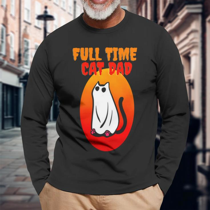 Full Time Cat Dad Halloween Black Cat Wearing Ghost Halloween Cat Dad Long Sleeve T-Shirt T-Shirt Gifts for Old Men