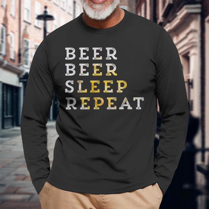 Funny Beer Beer Sleep Repeat Beer Garden Fan Gift Men Women Long Sleeve T-shirt Graphic Print Unisex Gifts for Old Men