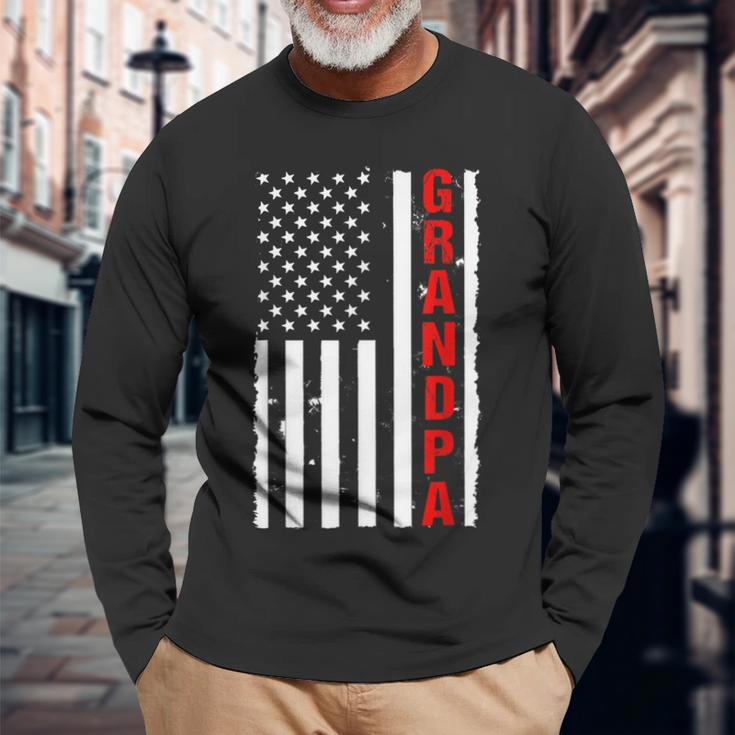 Grandpa Usa Flag Firefighter Thin Red Line Fireman Long Sleeve T-Shirt Gifts for Old Men