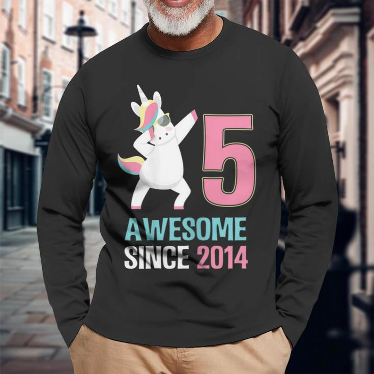 Happy 5Th Birthday UnicornShirt Awesome Since 2014 Long Sleeve T-Shirt Gifts for Old Men
