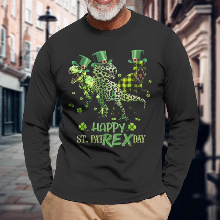 Happy St Pat Rex Rex Leopard Dinosaur Irish Patricks Day Long Sleeve T-Shirt Gifts for Old Men