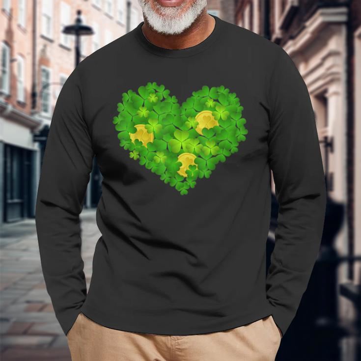 Happy St Patricks Day Heart Lucky Leopard Shamrock Irish Long Sleeve T-Shirt Gifts for Old Men