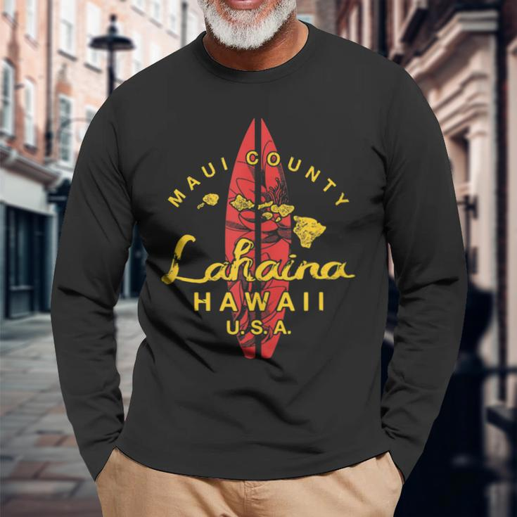 Hawaii Lahaina Maui Vintage Hawaiian Islands Surf Long Sleeve T-Shirt T-Shirt Gifts for Old Men