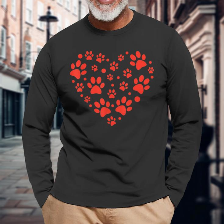 Heart Paw Print Valentines Cute Dog Love Doggie Puppy Lover Long Sleeve T-Shirt Gifts for Old Men