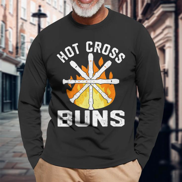 Hot Cross Buns Recorder Pattern For Dad Vintage Long Sleeve T-Shirt Gifts for Old Men