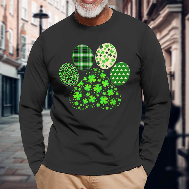 Irish Cute Dog Paw Clovers St Patricks Day Lucky Shamrock Long Sleeve T-Shirt Gifts for Old Men