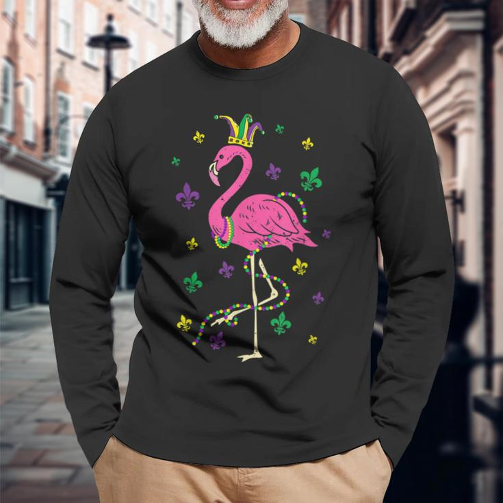 Jester Pink Flamingo Bird Animal Cute Mardi Gras Carnival V5 Long Sleeve T-Shirt Gifts for Old Men
