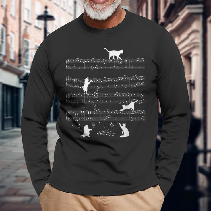 Katzen Katze Musik Noten Katzenliebhaber Kater Tier Geschenk Langarmshirts Geschenke für alte Männer