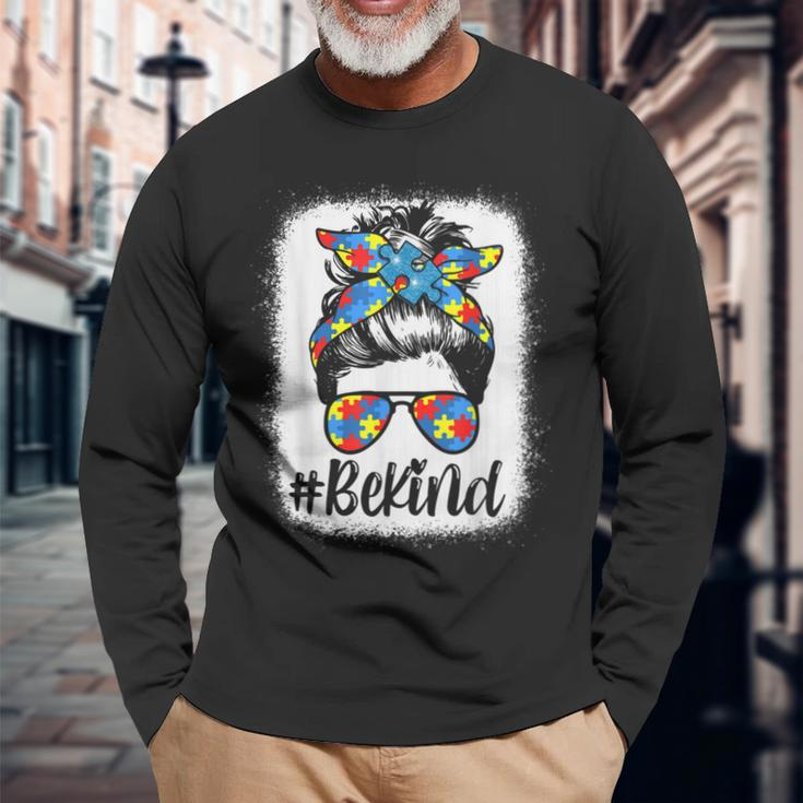 Be Kind Autism Awareness Girl Messy Bun Hair Long Sleeve T-Shirt T-Shirt Gifts for Old Men