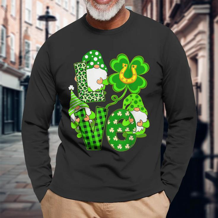 Leopard Love Three Gnomes Lucky Shamrock St Patricks Day Long Sleeve T-Shirt Gifts for Old Men