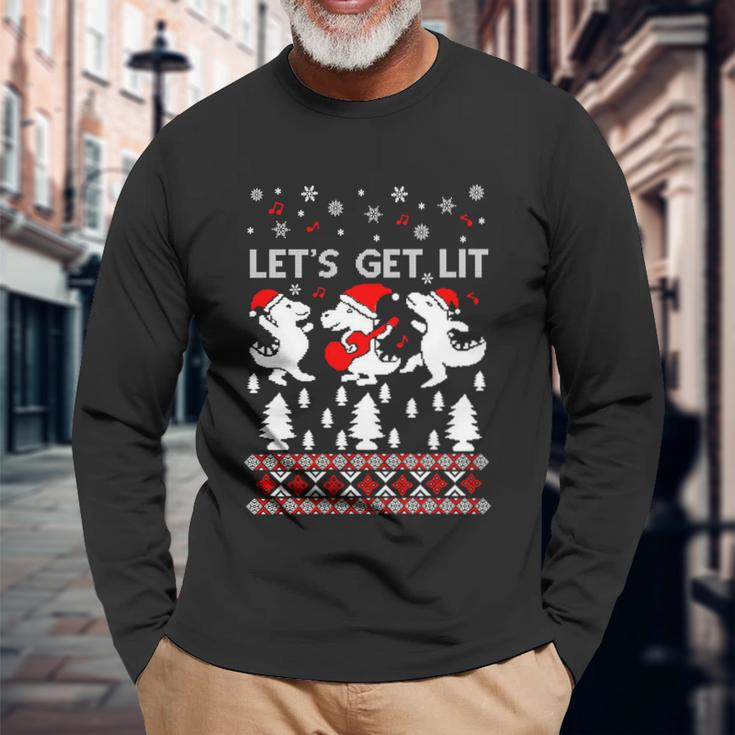 Lets Get Lit Pajamas Dinosaur Ugly Christmas Sweater Long Sleeve T-Shirt Gifts for Old Men