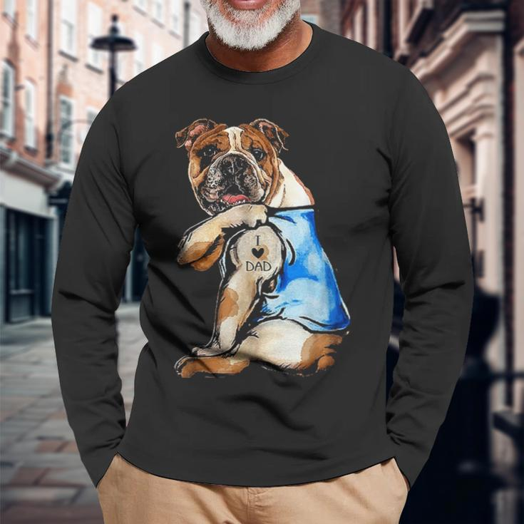 I Love Dad Tattoo English Bulldog Dog Dad Tattooed Long Sleeve T-Shirt Gifts for Old Men