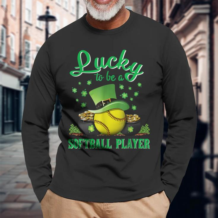 Lucky To Be A Softball Player St Patricks Day Lucky Clover Long Sleeve T-Shirt Gifts for Old Men