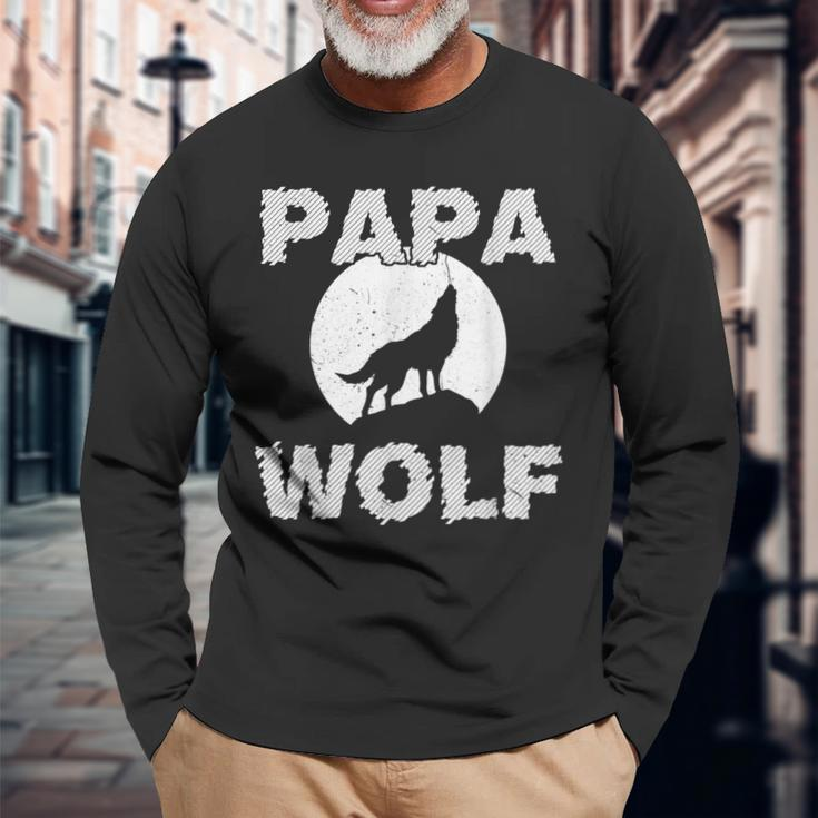 Mens Papa Wolf Cool Dad Daddy Dada Pops Fathers Day Gift Idea Men Women Long Sleeve T-shirt Graphic Print Unisex Gifts for Old Men
