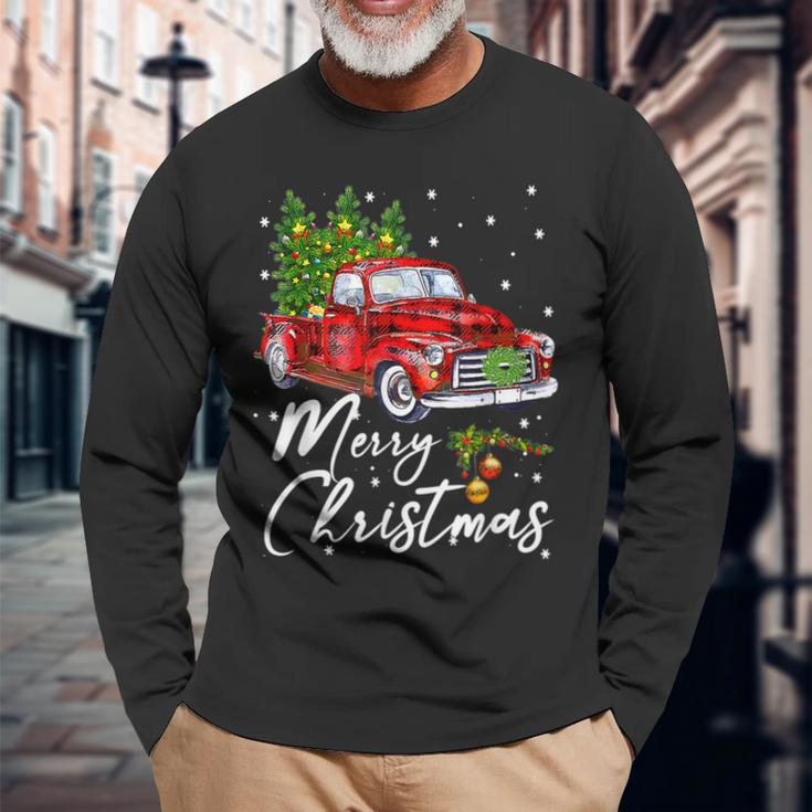 Merry Christmas Vintage Wagon Red Truck Pajama Family Party Men Women Long Sleeve T-shirt Graphic Print Unisex Gifts for Old Men