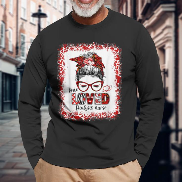 Messy Bun Hair One Loved Dialysis Nurse Valentines Day Men Women Long Sleeve T-shirt Graphic Print Unisex Gifts for Old Men