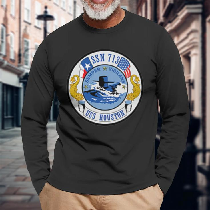 Navy Submarine Ssn 713 Uss Houston Military Veteran Patch Long Sleeve T-Shirt Gifts for Old Men