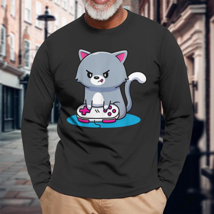 Niedliche Gaming Katze Video Game Computer Videogame Pc Langarmshirts Geschenke für alte Männer