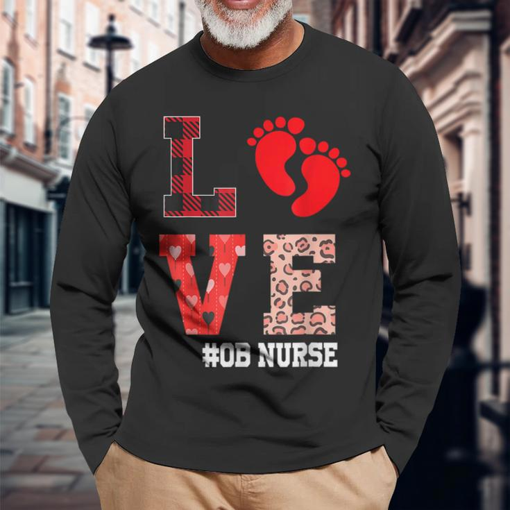 Ob Nurse Love Valentines Day Leopard Plaid Hearts Nursing Men Women Long Sleeve T-shirt Graphic Print Unisex Gifts for Old Men