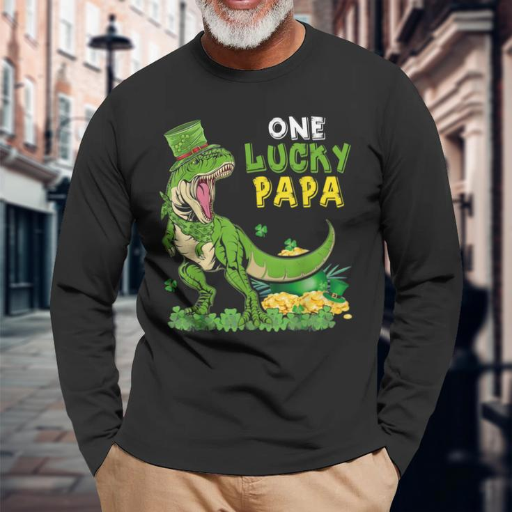 One Lucky Papa St Patricks Day T-Rex Leprechaun Long Sleeve T-Shirt Gifts for Old Men