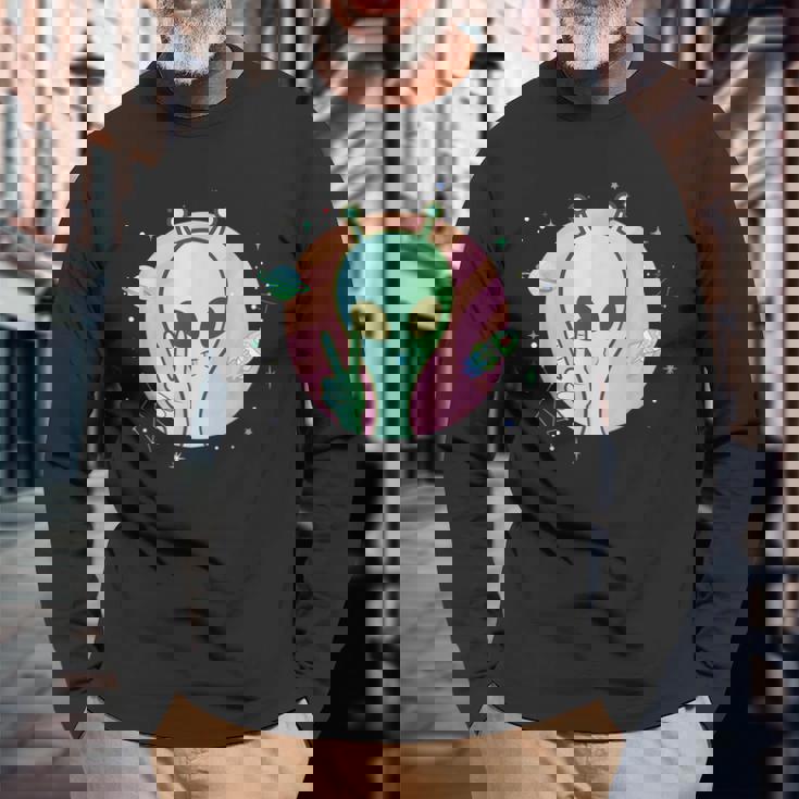Peace Sign Hand Planet Stars Ufo Cool Trippy Green Alien