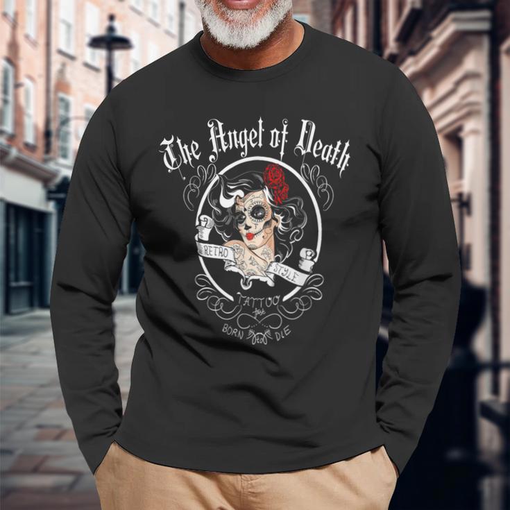 Pin Up Girl Schädel Motorrad Biker Babe Lady Engel Des Todes Langarmshirts Geschenke für alte Männer