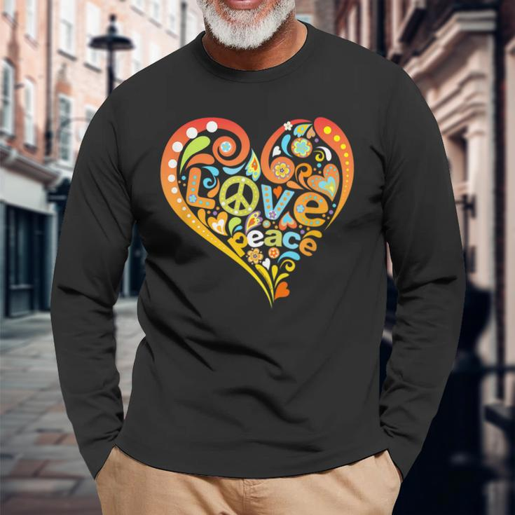 Pretty 60S 70S Hippie Peace Love Heart Peace Sign Long Sleeve T-Shirt T-Shirt Gifts for Old Men