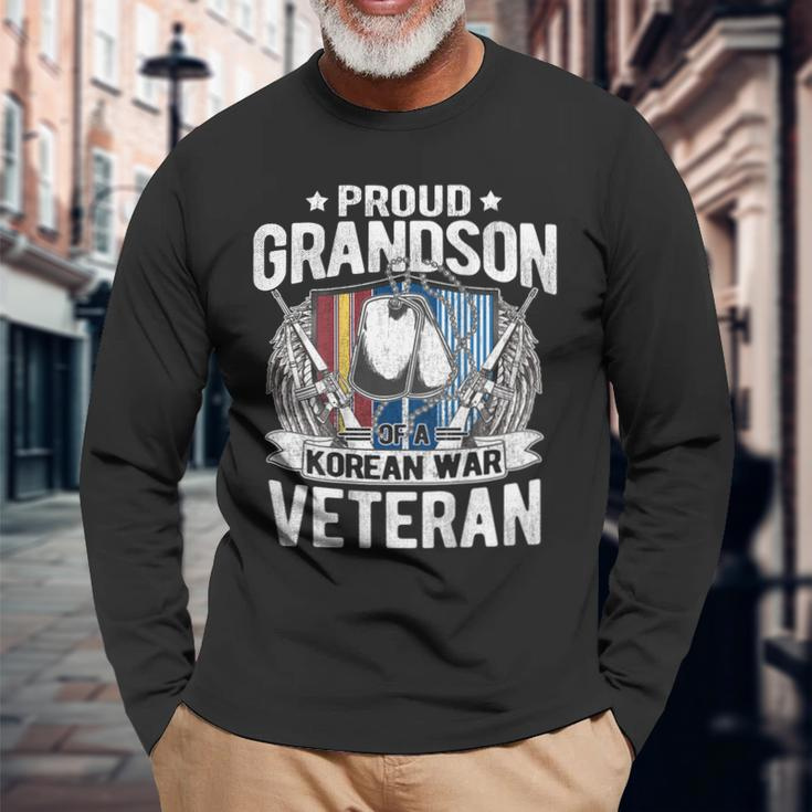 Proud Grandson Of Korean War Veteran Dog Tag Military Family Men Women Long Sleeve T-shirt Graphic Print Unisex Gifts for Old Men