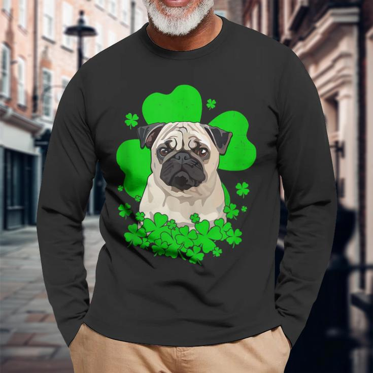 Pug St Patricks Day Clovers Long Sleeve T-Shirt Gifts for Old Men