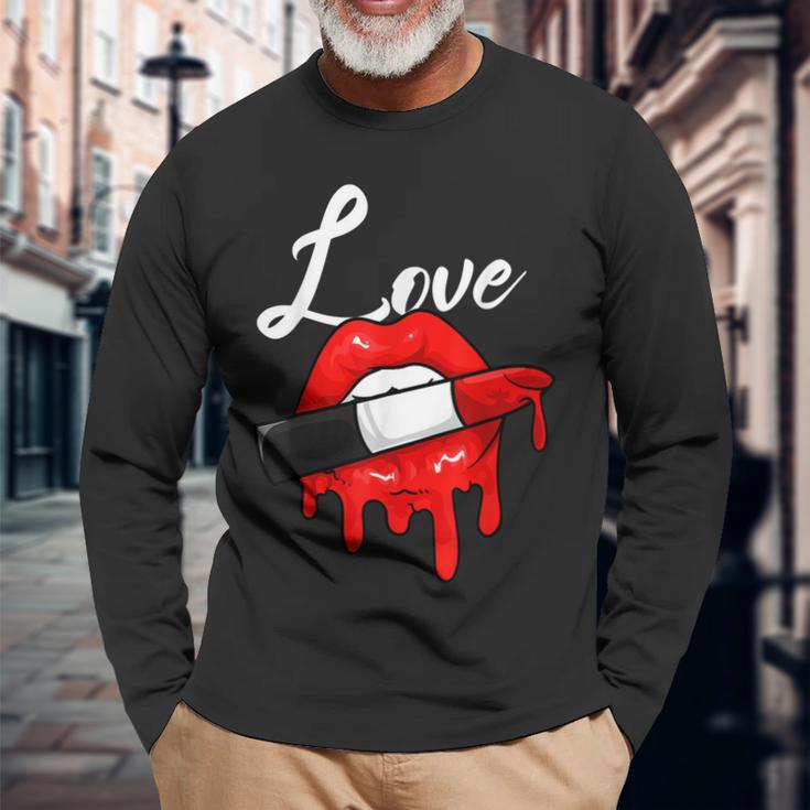 Red Lipstick Lips Love Valentines Day Make Up Valentines Long Sleeve T-Shirt Gifts for Old Men