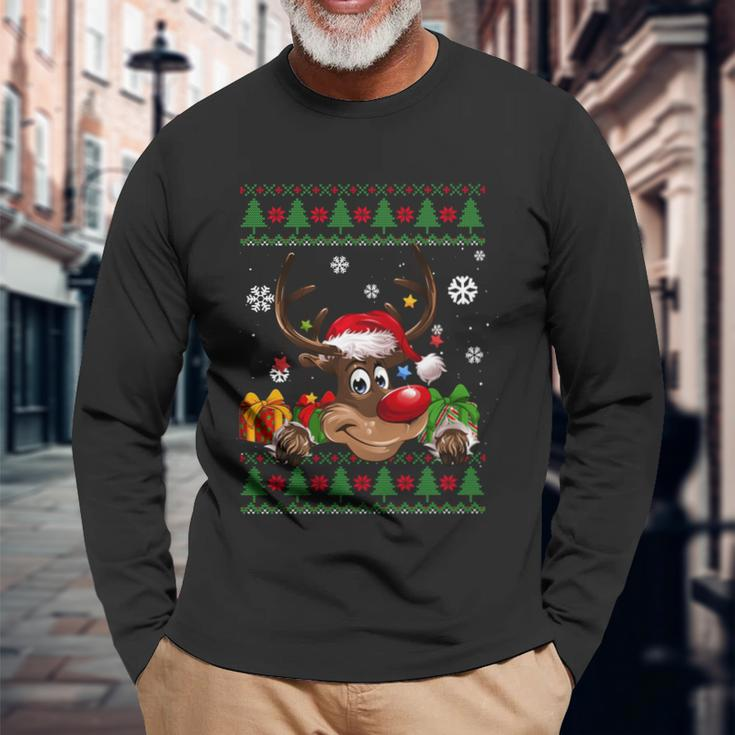 Reindeer Lovers Santa Hat Ugly Christmas Sweater Cool Long Sleeve T-Shirt Gifts for Old Men