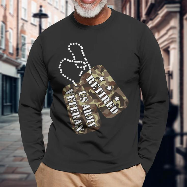 Retired Us Army Veteran Dog Tag Men Women Long Sleeve T-shirt Graphic Print Unisex Gifts for Old Men