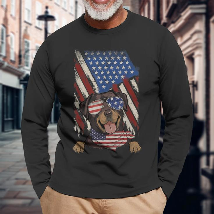 Retro American Flag Rottweiler Dad Mom Dog Lover 4Th Of July Men Women Long Sleeve T-shirt Graphic Print Unisex Gifts for Old Men