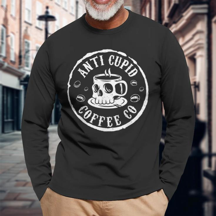 Retro Skull Anti Cupid Coffee Co Anti Valentines Day Long Sleeve T-Shirt Gifts for Old Men