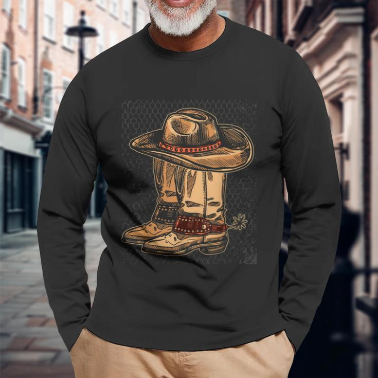 Rodeo Bull Riding Hat Line Dance Boots Cowboy Long Sleeve T-Shirt Gifts for Old Men