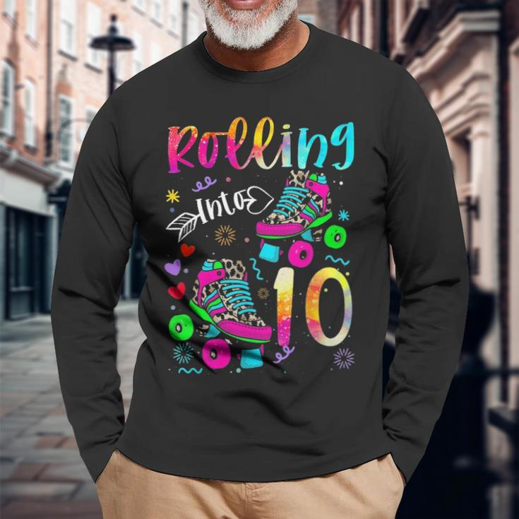 Rolling Into 10Th Birthday Leopard Roller Skates 10 Yrs Old Long Sleeve T-Shirt Gifts for Old Men