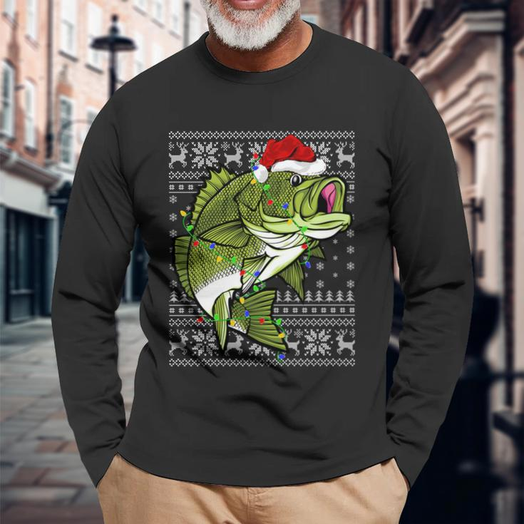 Santa Hat Bass Fish Xmas Lighting Ugly Bass Christmas Long Sleeve T-Shirt Gifts for Old Men
