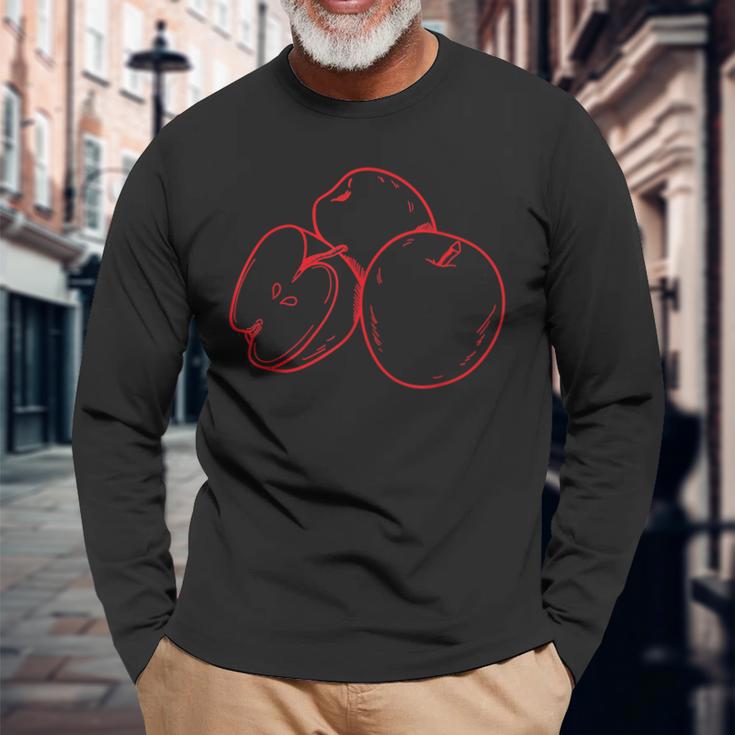 Schwarzes Langarmshirts mit Rotem Apfel-Design, Kreatives Obst Motiv Tee Geschenke für alte Männer