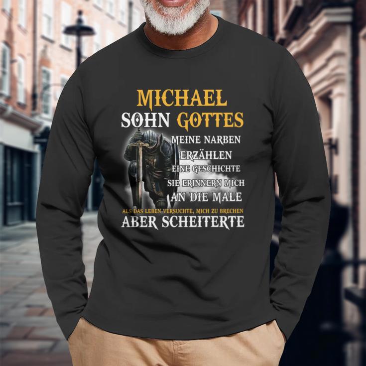 Schwarzes Langarmshirts mit Sensenmann & Michael – Sohn Gottes Spruch, Narben Story Geschenke für alte Männer