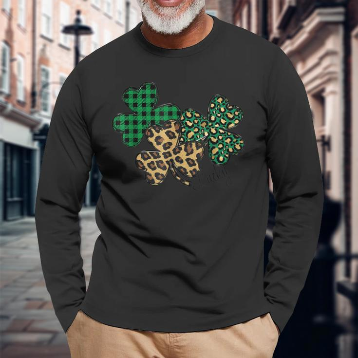 Shamrock St Patricks Day Clover Lucky Plaid Leopard Buffalo Long Sleeve T-Shirt Gifts for Old Men