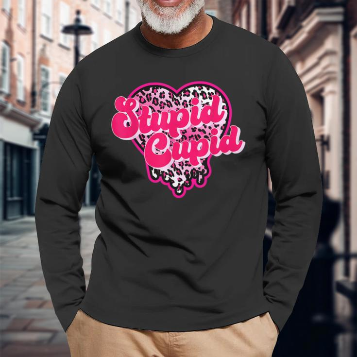 Stupid Cupid Anti Valentine Groovy Valentine Checker Heart Long Sleeve T-Shirt Gifts for Old Men