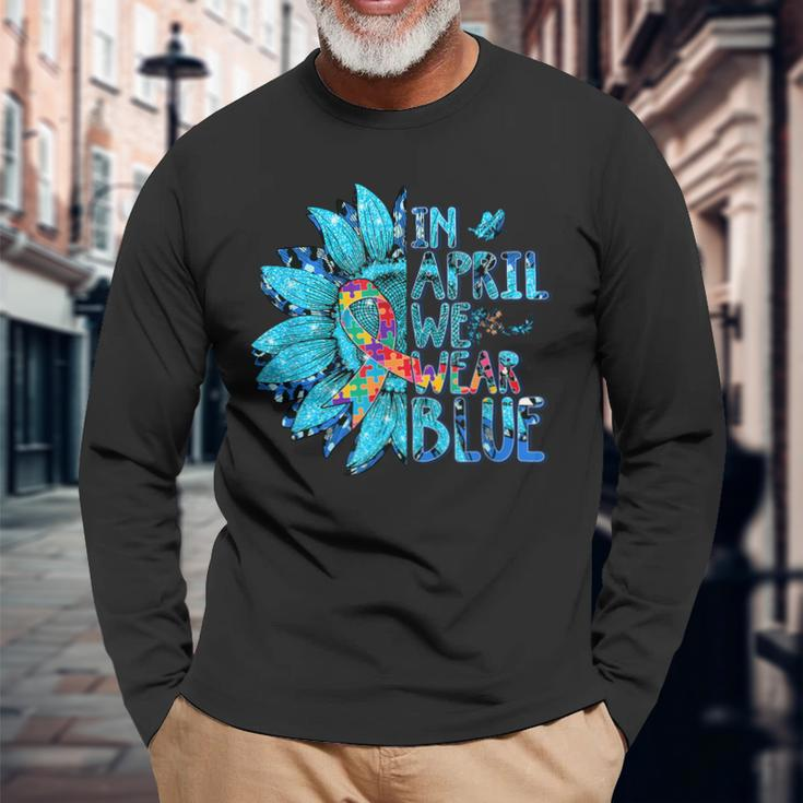 Sunflower Puzzle In April We Wear Blue Autism Awareness Long Sleeve T-Shirt T-Shirt Gifts for Old Men