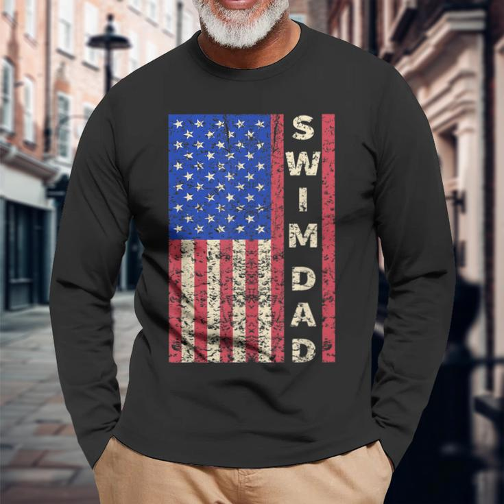 Swim Dad American Flag Swimmer Fathers Day Long Sleeve T-Shirt Gifts for Old Men