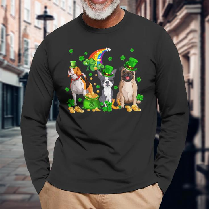 Three St Patricks Day Dogs Beagle Pug French Bulldog Lover Long Sleeve T-Shirt Gifts for Old Men