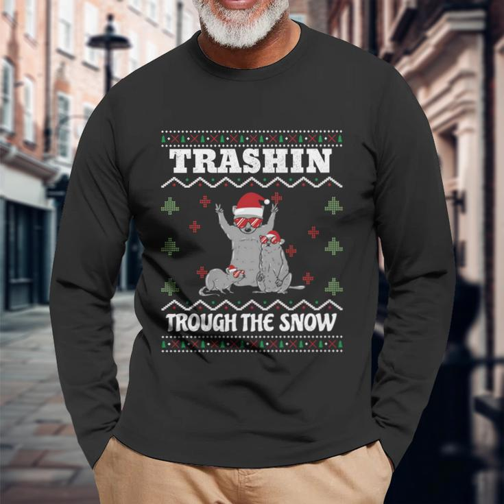 Trashin Through The Snow Raccoon Rat Ugly Christmas Long Sleeve T-Shirt Gifts for Old Men
