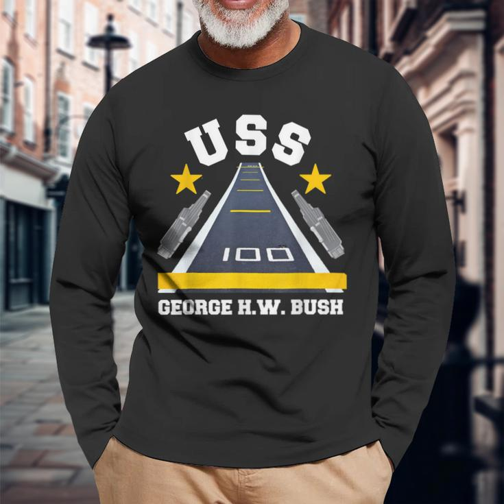 Uss George H W Bush Aircraft Carrier Military Veteran Long Sleeve T-Shirt Gifts for Old Men
