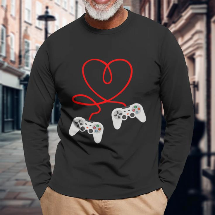 Video Gamer Valentines Day Tshirt With Controllers Heart Long Sleeve T-Shirt Gifts for Old Men