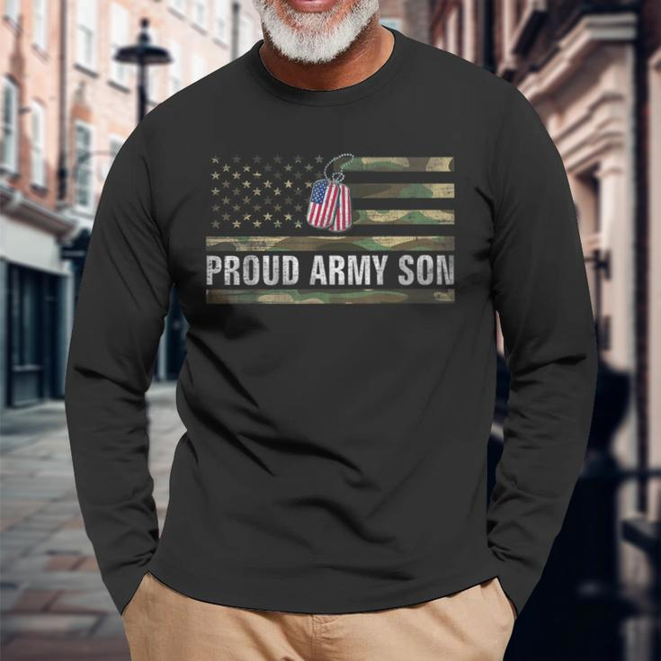 Vintage American Flag Proud Army Son Veteran Day Long Sleeve T-Shirt Gifts for Old Men